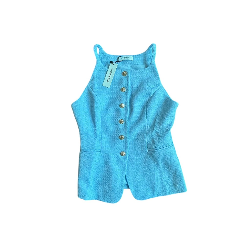 Commense Blue Tweed Halter Neck Tank Top Gold Button Front Women's Medium NEW